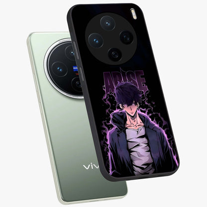 Shadow Monarch Awakening Glass Case displayed in angled mockup highlighting dramatic shadow warrior design with fantasy aesthetic.