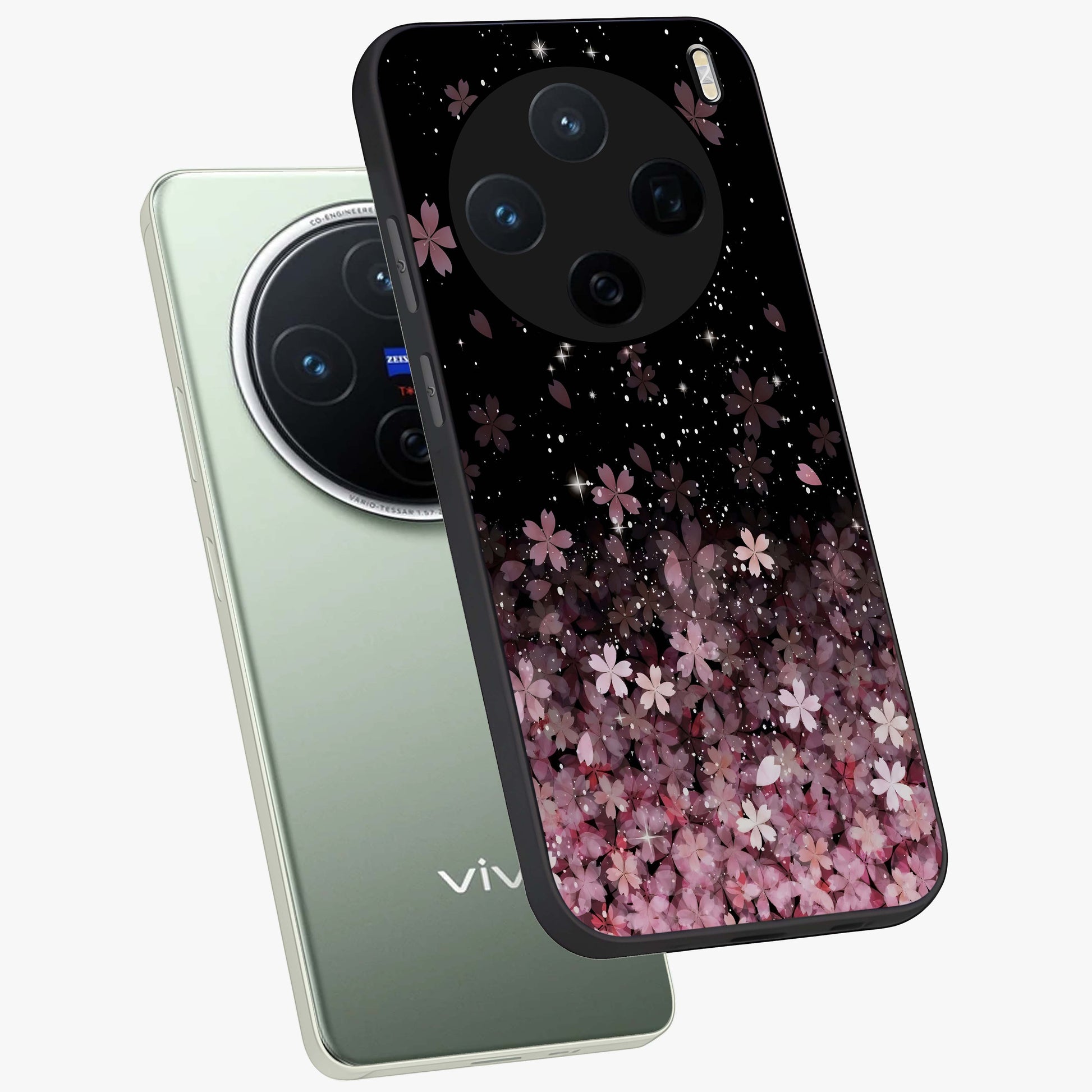 Small Starry Flowers Glass Case displayed in angled mockup highlighting tiny flower pattern with celestial aesthetic style.