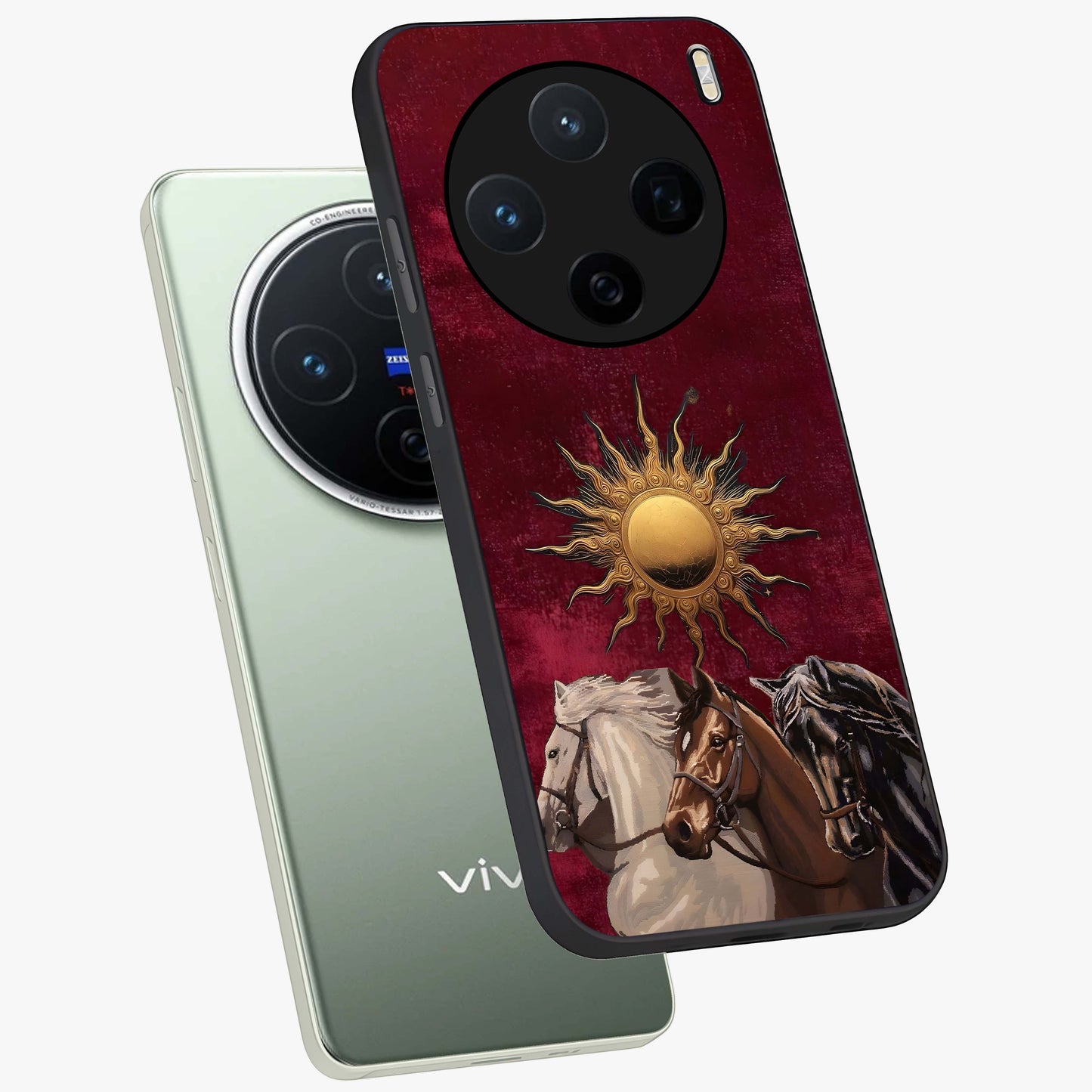 Solar Riders Glass Case displayed in angled mockup highlighting powerful rider illustration with radiant solar aesthetic.
