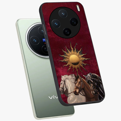 Solar Riders Glass Case displayed in angled mockup highlighting powerful rider illustration with radiant solar aesthetic.