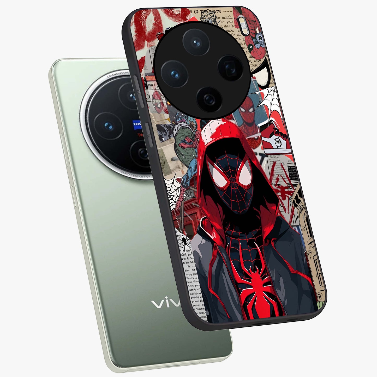 Spider Collage Street Glass Case displayed in angled mockup highlighting dynamic street style collage design with comic aesthetic.