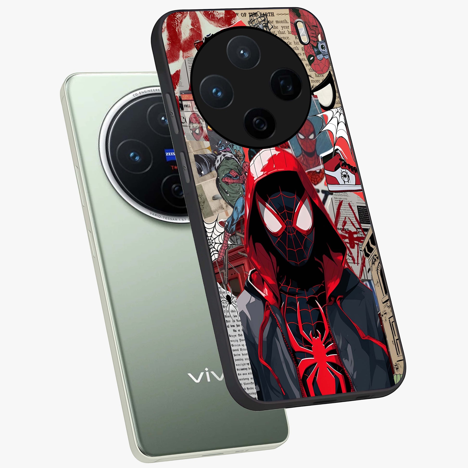 Spider Collage Street Glass Case displayed in angled mockup highlighting dynamic street style collage design with comic aesthetic.