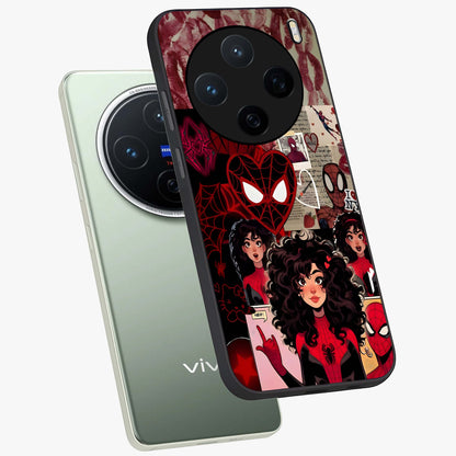 Spider Love Story Glass Case displayed in angled mockup highlighting expressive comic inspired design with playful aesthetic.