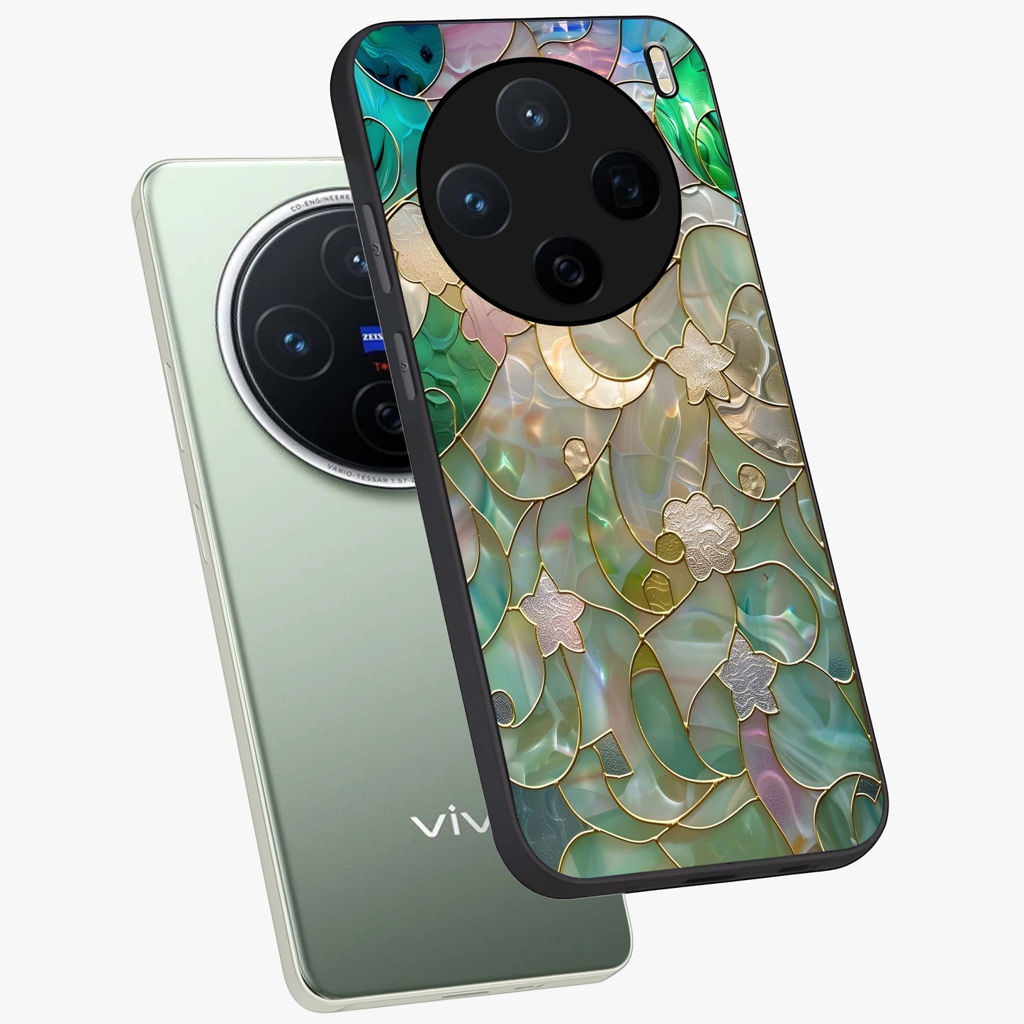 Stained Sunrise Glow Glass Case displayed in angled mockup highlighting radiant sunrise design with artistic aesthetic style.