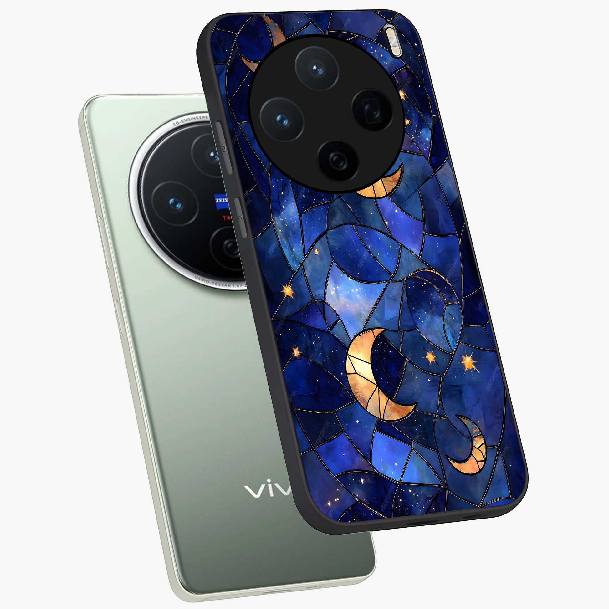 Starlit Sky Tapestry Glass Case displayed in angled mockup highlighting celestial night pattern with artistic aesthetic style.