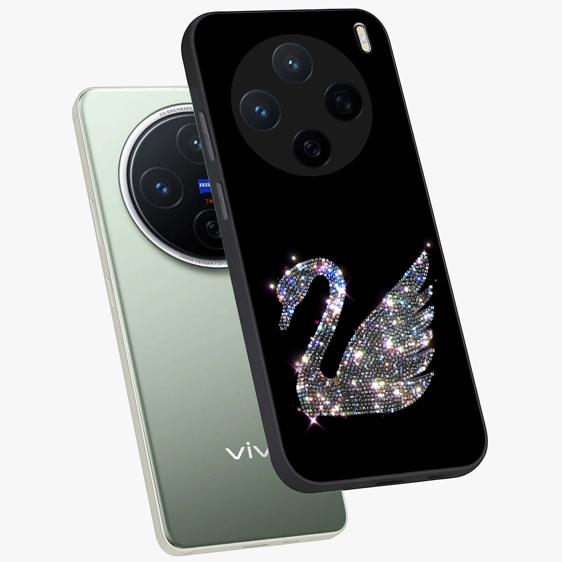 Starlit Swan Grace Glass Case displayed in angled mockup highlighting elegant swan illustration with dreamy celestial aesthetic.