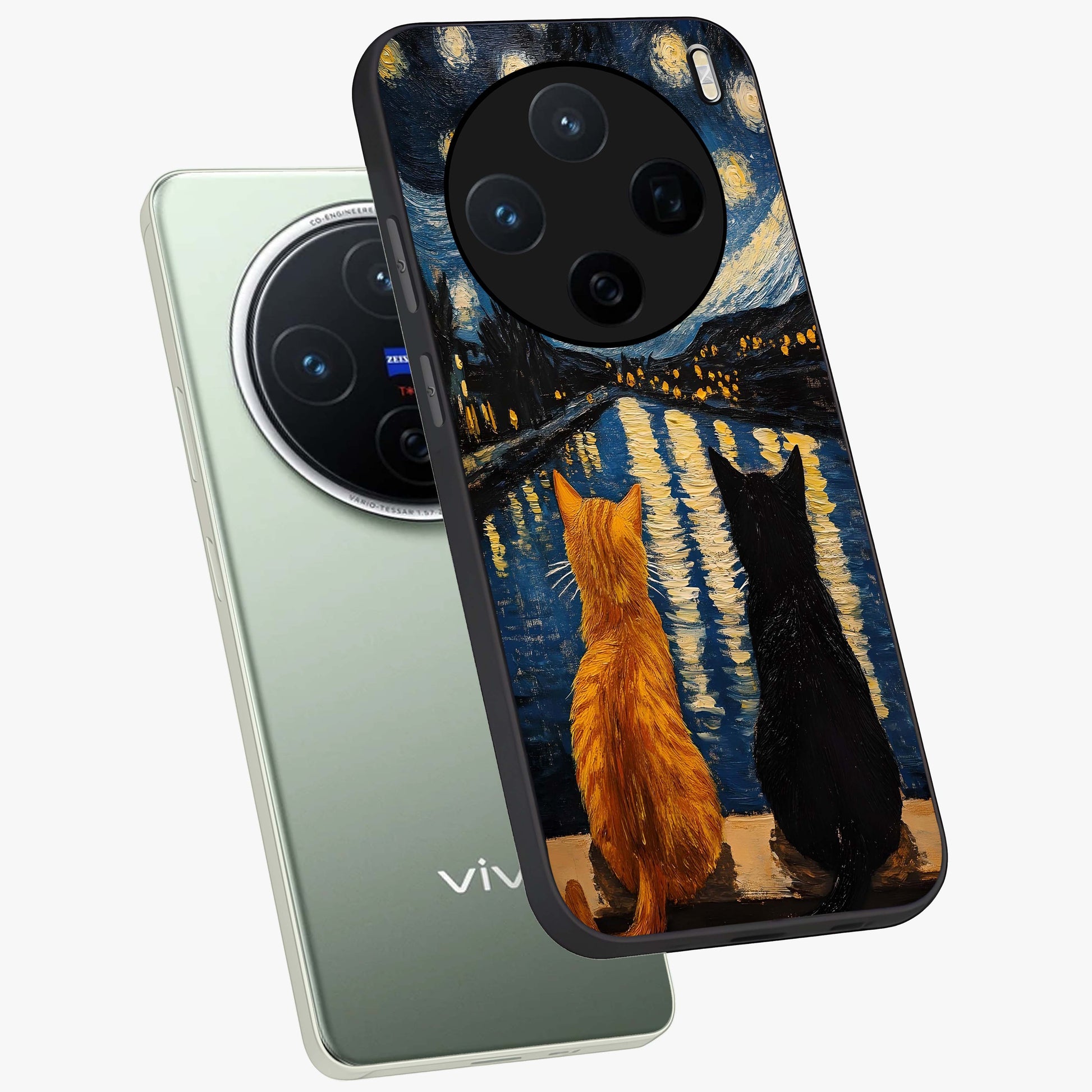 Starry River Cats Glass Case displayed in angled mockup highlighting charming feline illustration with dreamy night aesthetic.