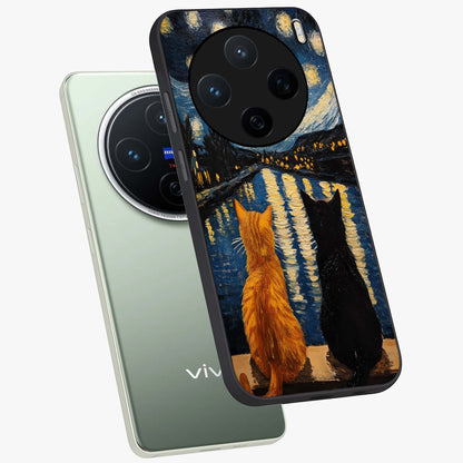 Starry River Cats Glass Case displayed in angled mockup highlighting charming feline illustration with dreamy night aesthetic.