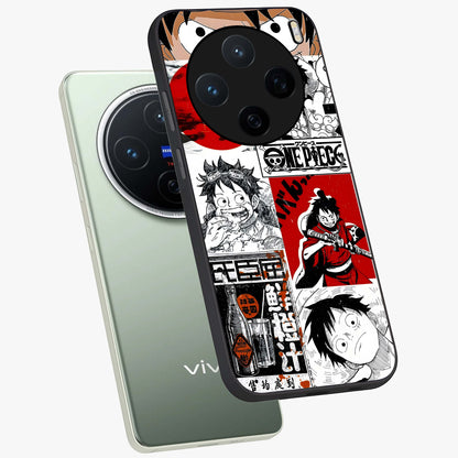 Strawhat Chaos Panels Glass Case displayed in angled mockup highlighting vibrant anime collage design with action aesthetic.
