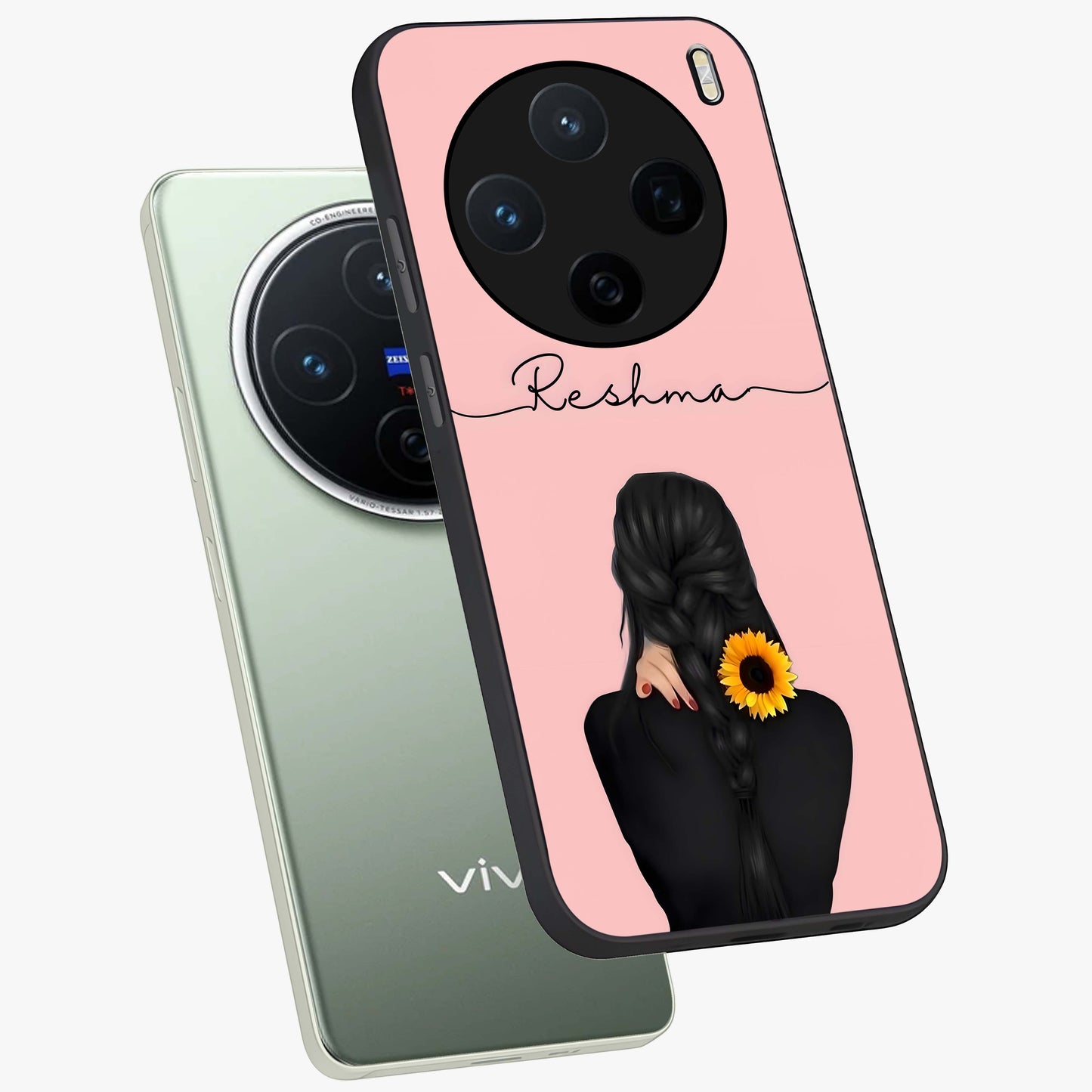 Sunflower Braid Beauty With Custom Name Glass Case displayed in angled mockup highlighting elegant sunflower design with custom name feature.