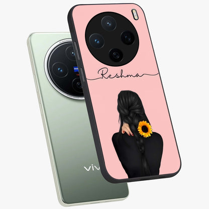 Sunflower Braid Beauty With Custom Name Glass Case displayed in angled mockup highlighting elegant sunflower design with custom name feature.