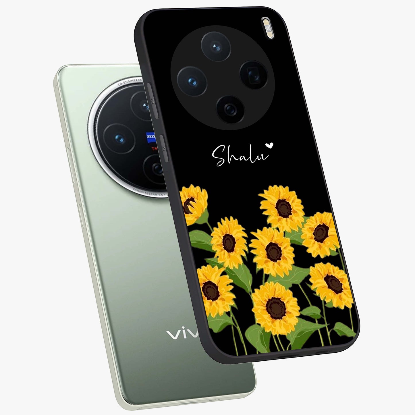 Sunflower Chic Mood Custom Name Glass Case displayed in angled mockup highlighting vibrant sunflower design with custom name feature.