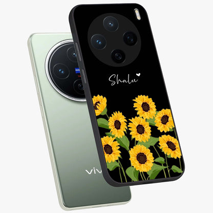Sunflower Chic Mood Custom Name Glass Case displayed in angled mockup highlighting vibrant sunflower design with custom name feature.