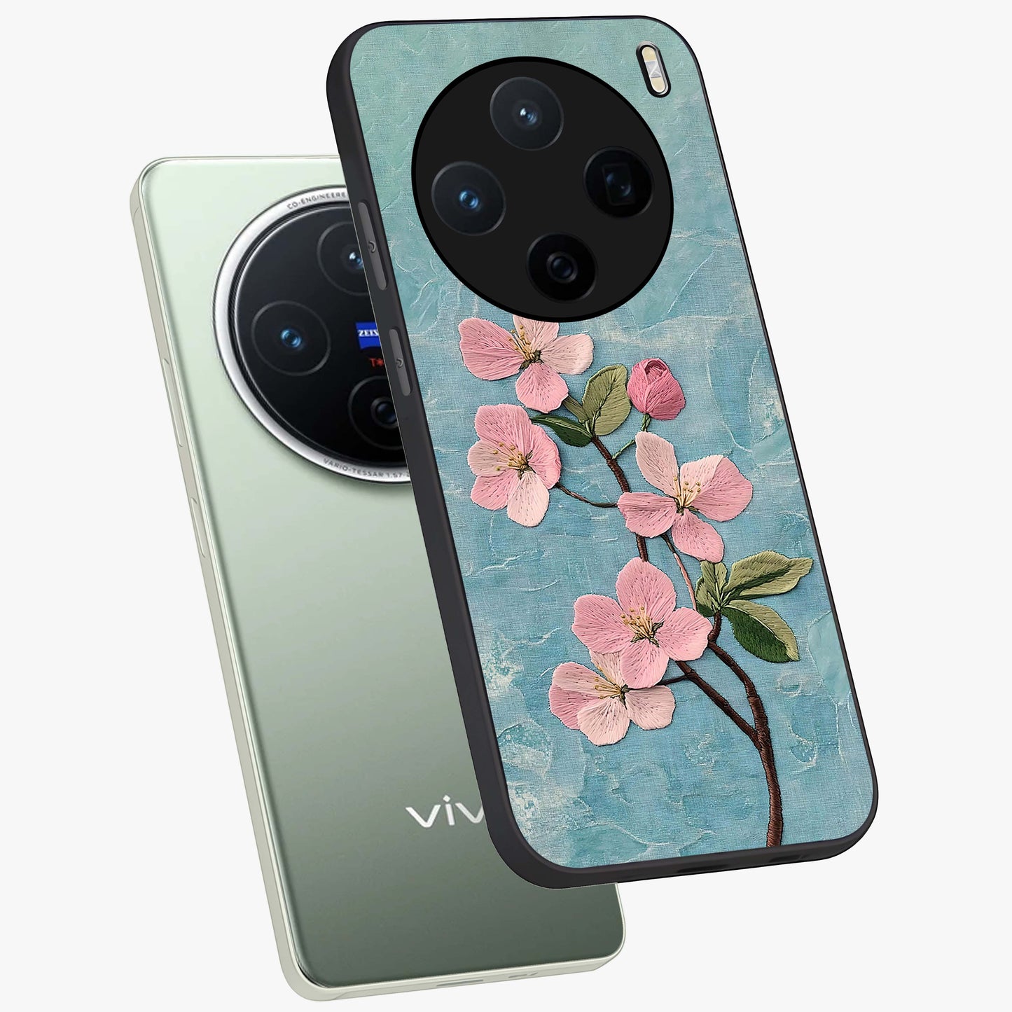 Threaded Blossom Breeze Glass Case displayed in angled mockup highlighting elegant floral design with soft aesthetic style.