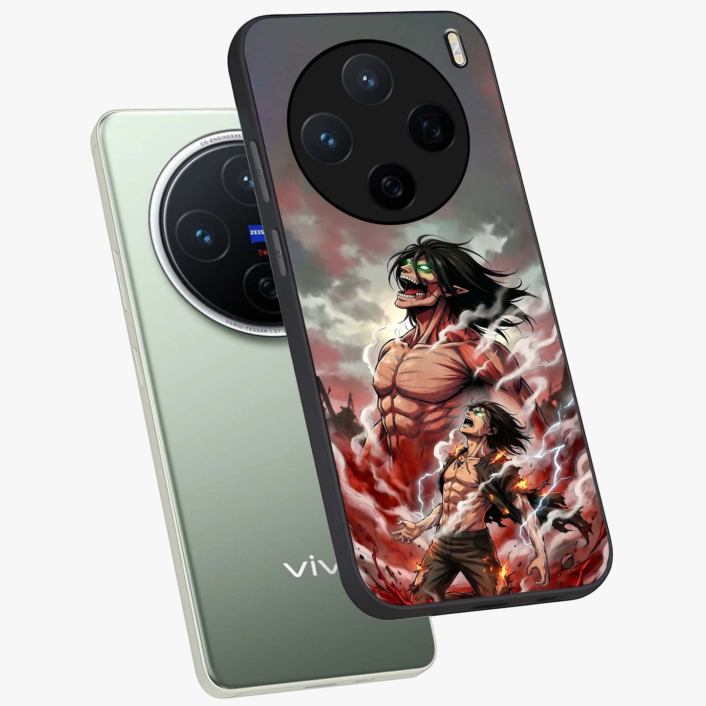 Titan Awakening Fury Glass Case displayed in angled mockup highlighting dramatic giant warrior design with bold anime aesthetic.