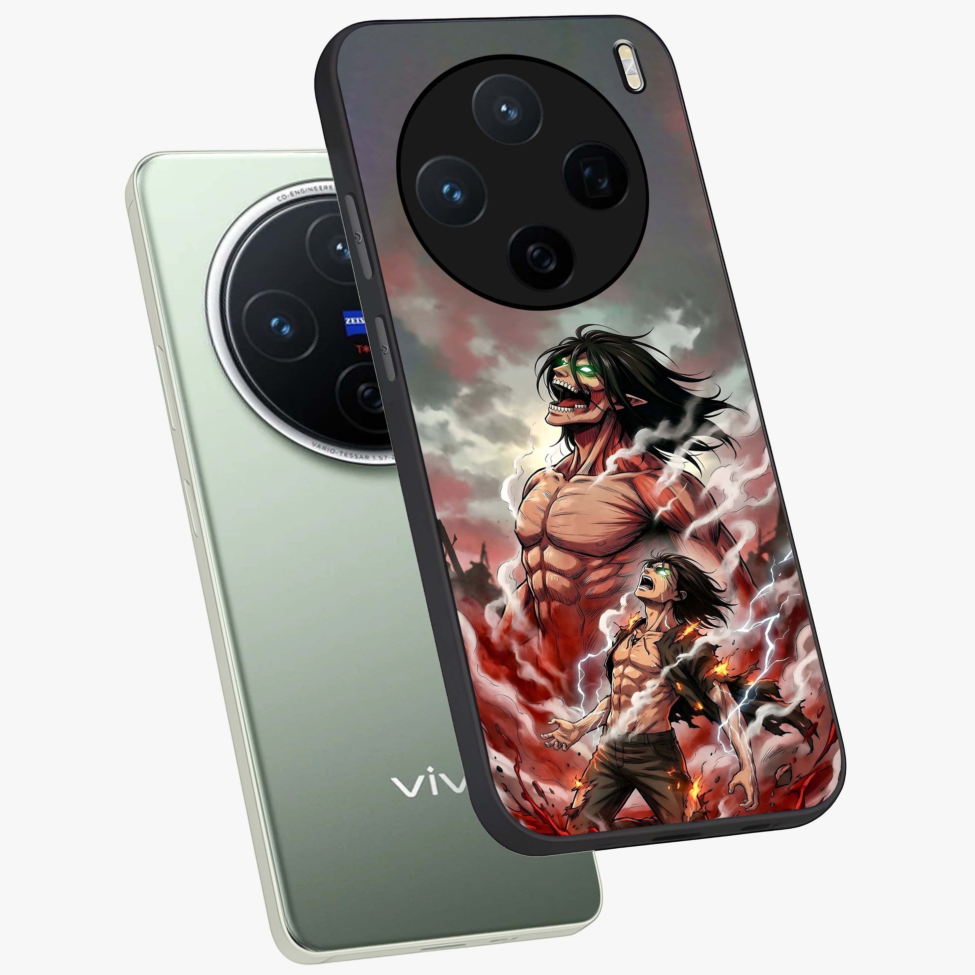 Titan Awakening Fury Glass Case displayed in angled mockup highlighting dramatic giant warrior design with bold anime aesthetic.
