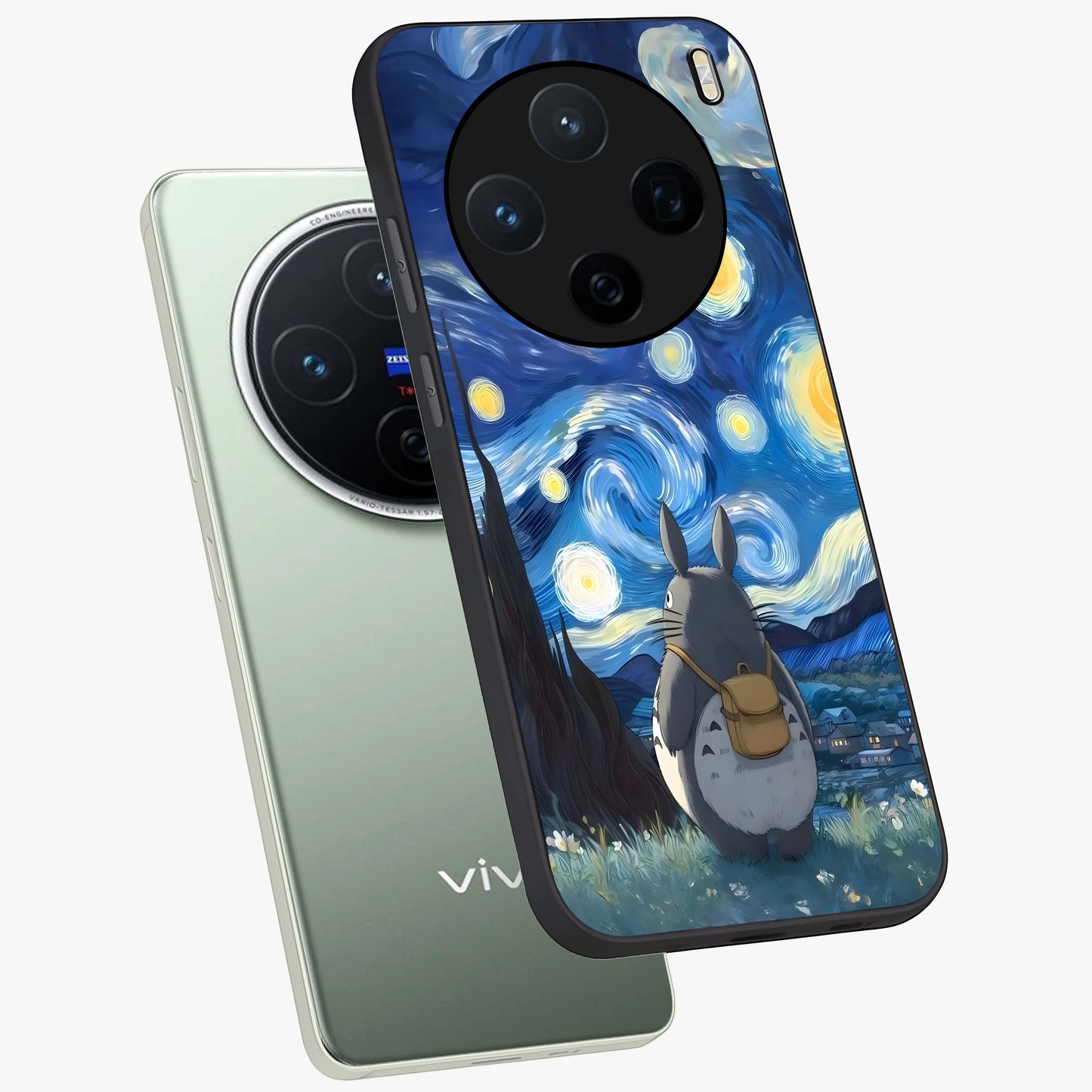 Totoro In Van Gogh Art Glass Case displayed in angled mockup highlighting artistic swirling sky design with playful animation aesthetic.
