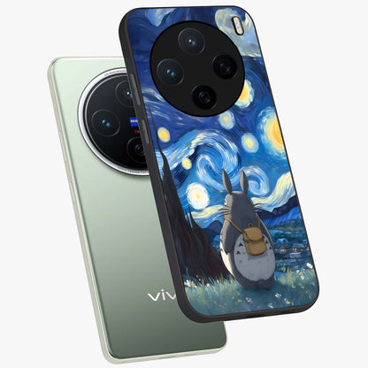 Totoro In Van Gogh Art Glass Case displayed in angled mockup highlighting artistic swirling sky design with playful animation aesthetic.