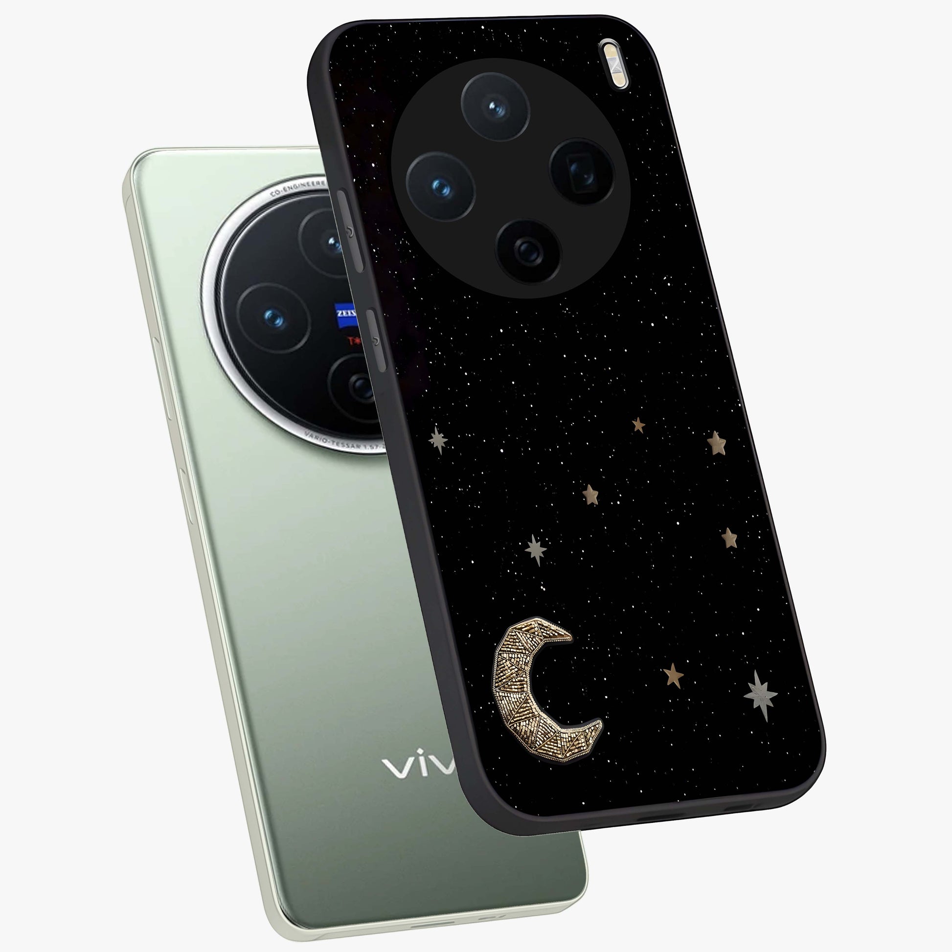 Twinkle Star With Half Moon Glass Case displayed in angled mockup highlighting celestial moon and star design with magical aesthetic.