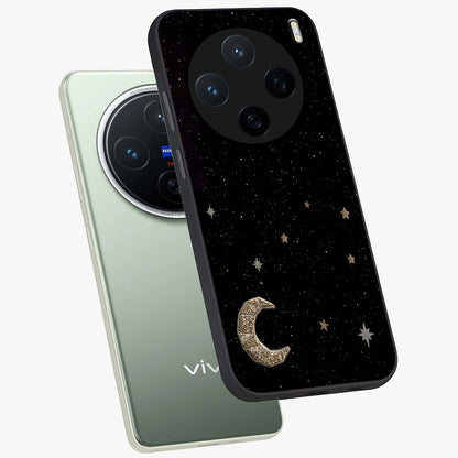Twinkle Star With Half Moon Glass Case displayed in angled mockup highlighting celestial moon and star design with magical aesthetic.