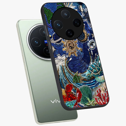 Universe Underwater Spark Glass Case displayed in angled mockup highlighting glowing aquatic design with celestial aesthetic.