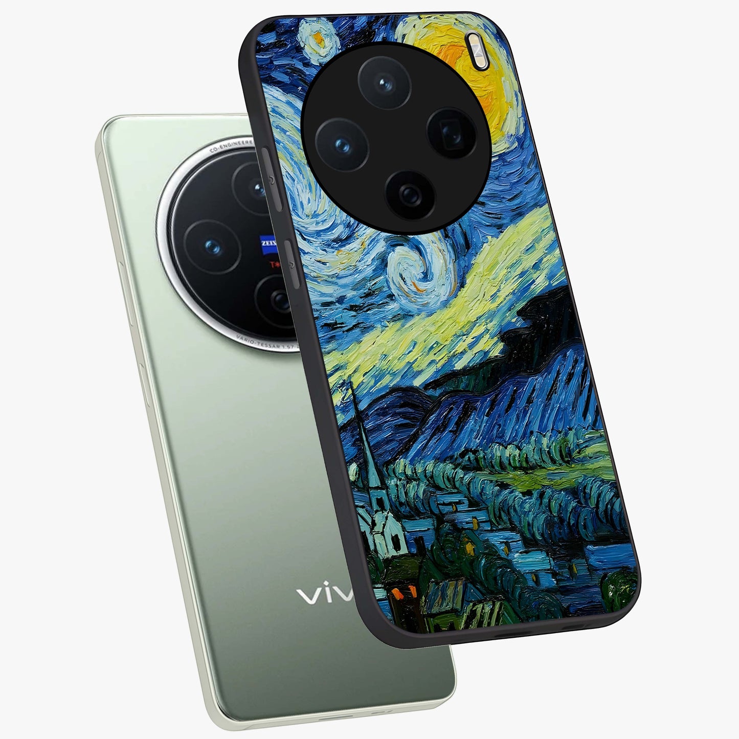 Van Gogh Art Glass Case displayed in angled mockup highlighting swirling brushstroke design with artistic aesthetic.