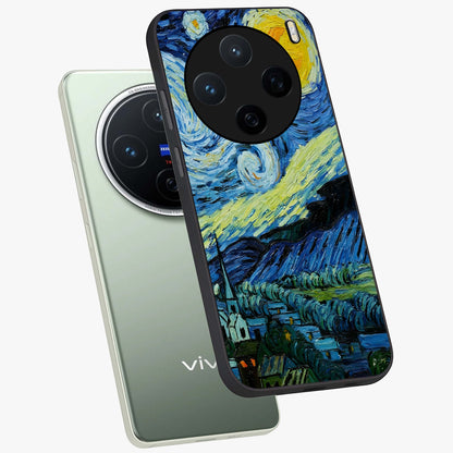 Van Gogh Art Glass Case displayed in angled mockup highlighting swirling brushstroke design with artistic aesthetic.