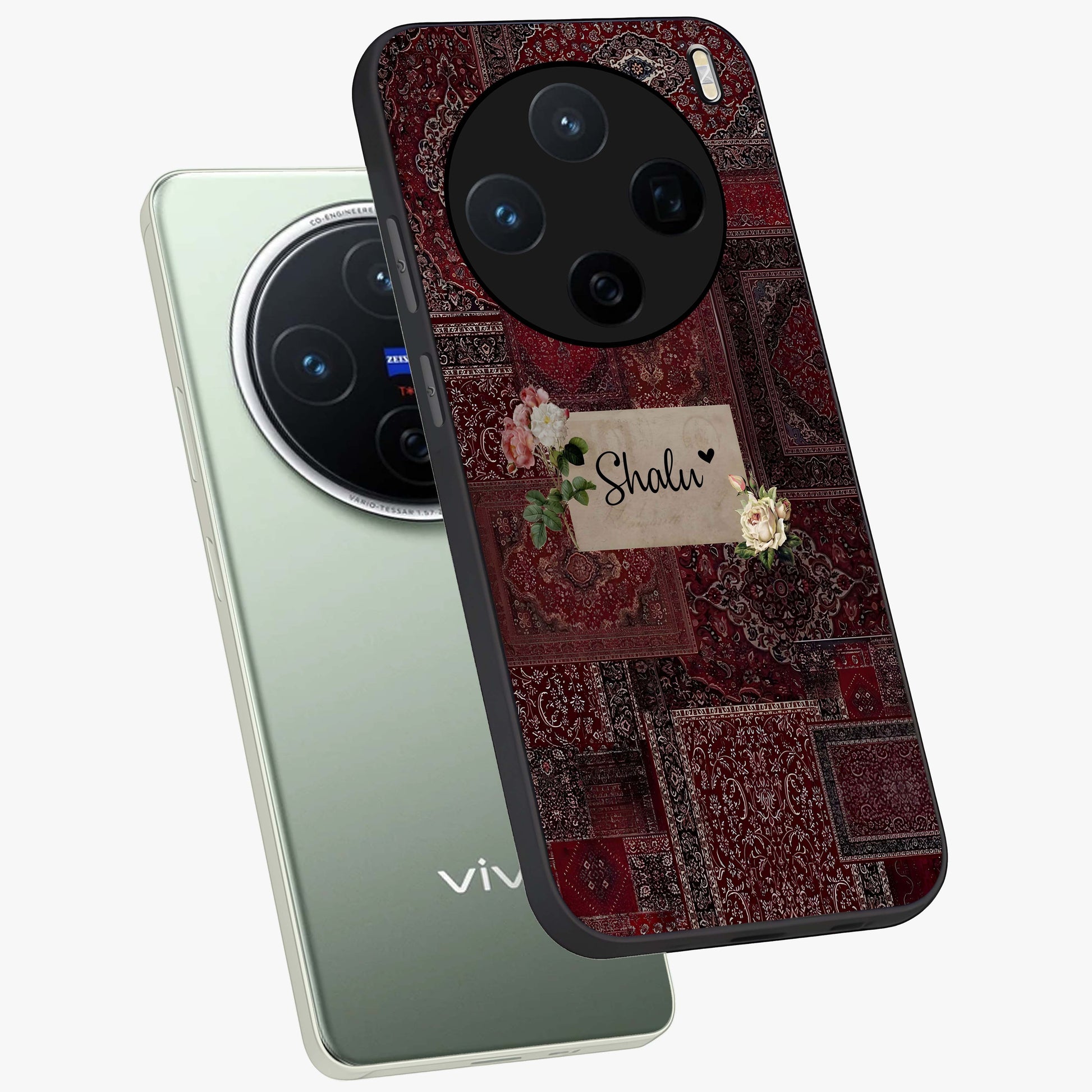 Velvet Wine Pattern Custom Name Glass Case displayed in angled mockup highlighting decorative velvet inspired design with custom name feature.