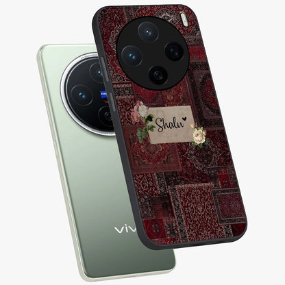 Velvet Wine Pattern Custom Name Glass Case displayed in angled mockup highlighting decorative velvet inspired design with custom name feature.