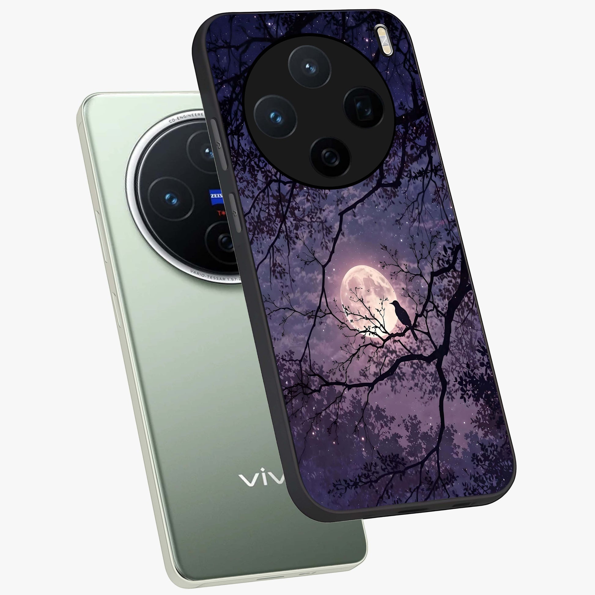 Whispering Moon Silence Glass Case displayed in angled mockup highlighting calm lunar design with dreamy night aesthetic.