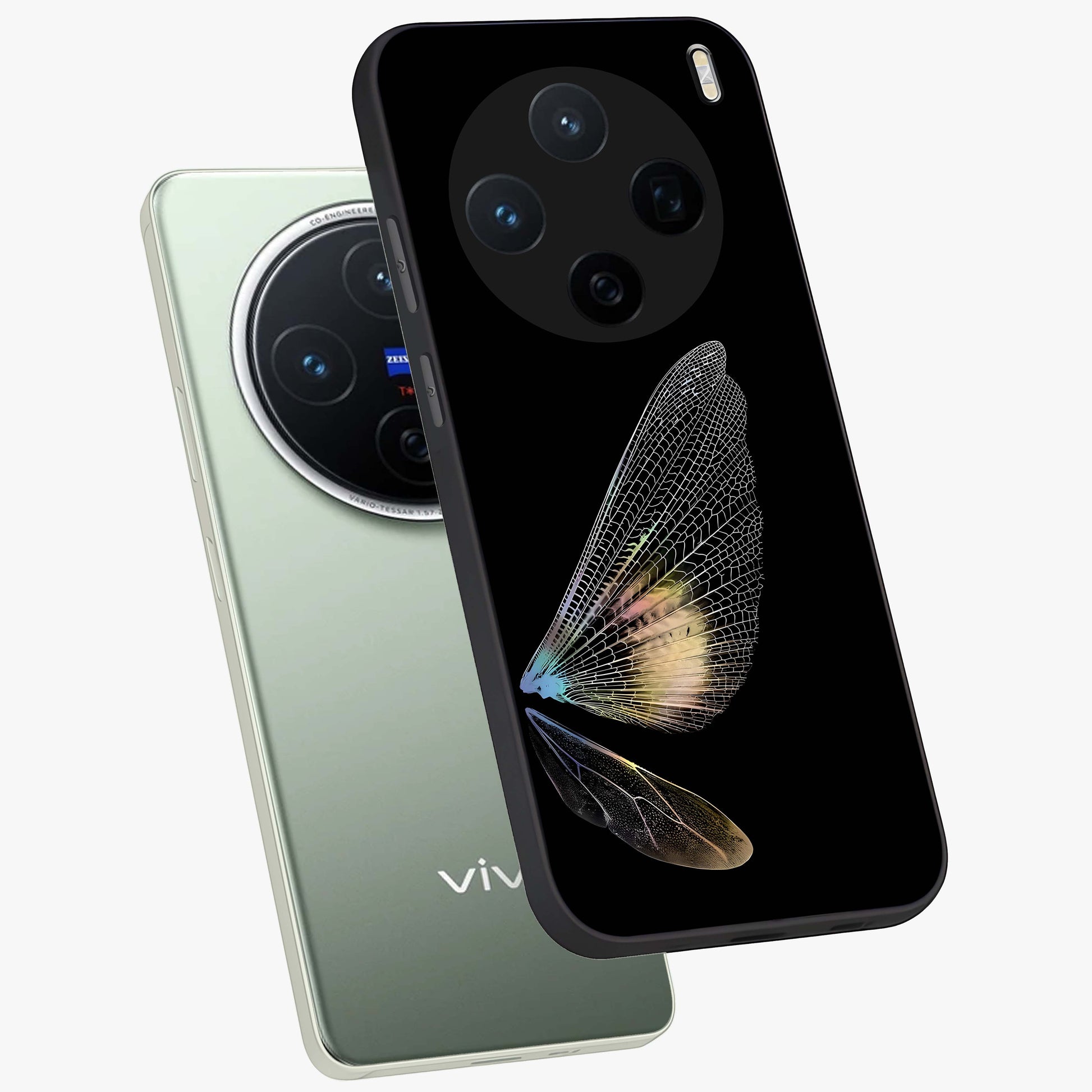 Whispers Of Wings Glass Case displayed in angled mockup highlighting soft feather design with celestial aesthetic style.
