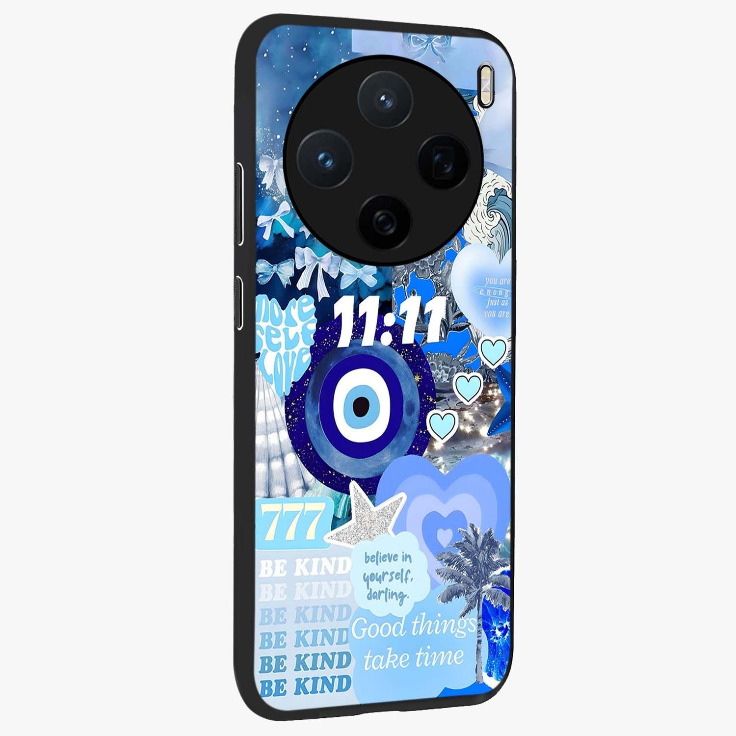 Aesthetic Be Kind Eye Glass Case upright view showcasing stylish eye illustration with positive message theme.