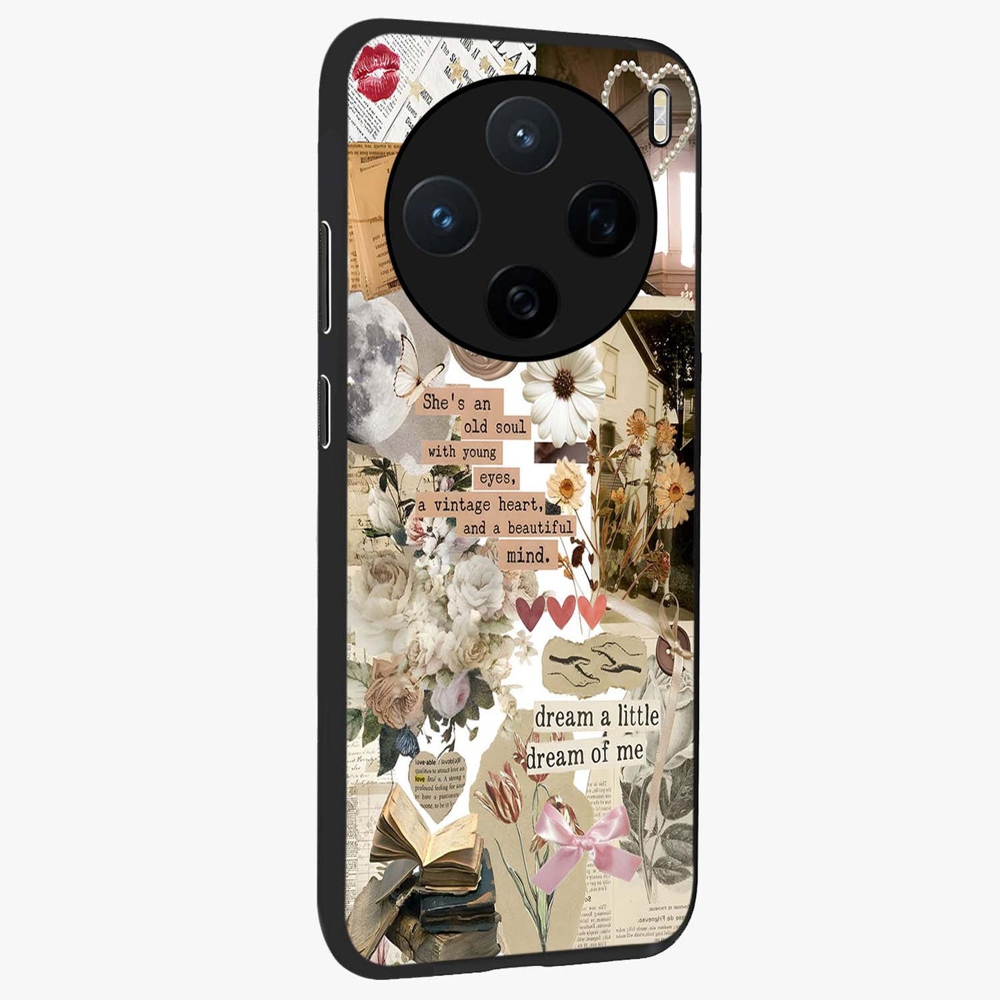 Aesthetic Brown Vintage Collage Glass Case upright view showcasing nostalgic retro artwork with stylish vintage theme.