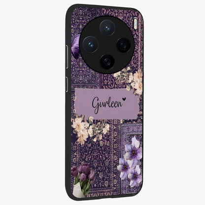 Antique Floral Whisper Custom Name Glass Case upright view showcasing delicate floral artwork with custom name feature.