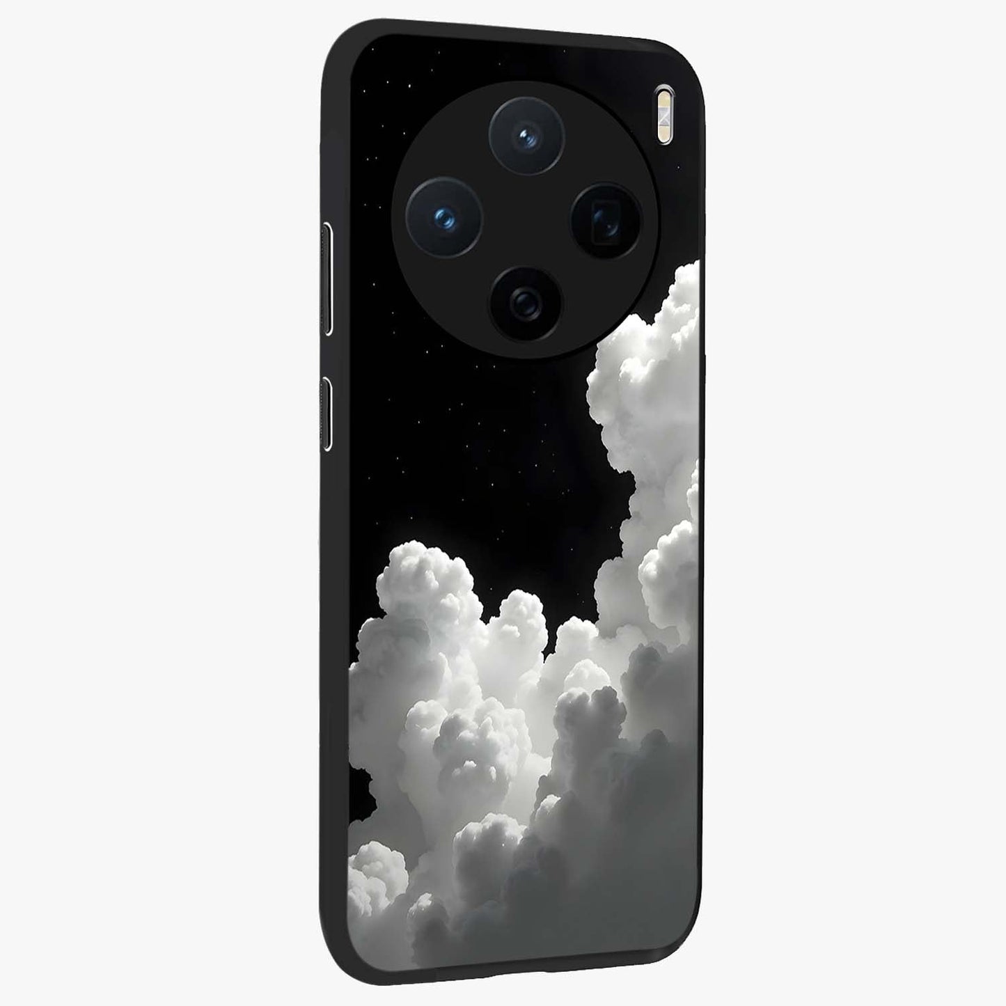 Black Background With White Cloud Glass Case upright view showcasing calm cloud aesthetic with modern minimal style.