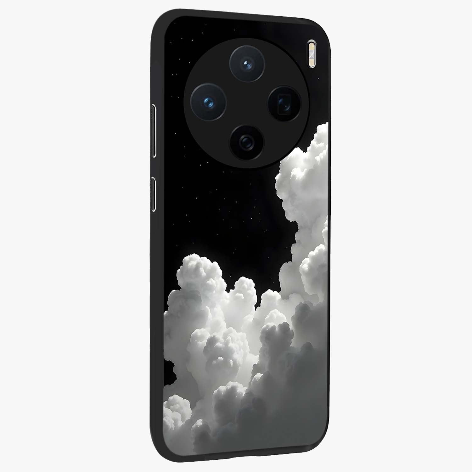 Black Background With White Cloud Glass Case upright view showcasing calm cloud aesthetic with modern minimal style.