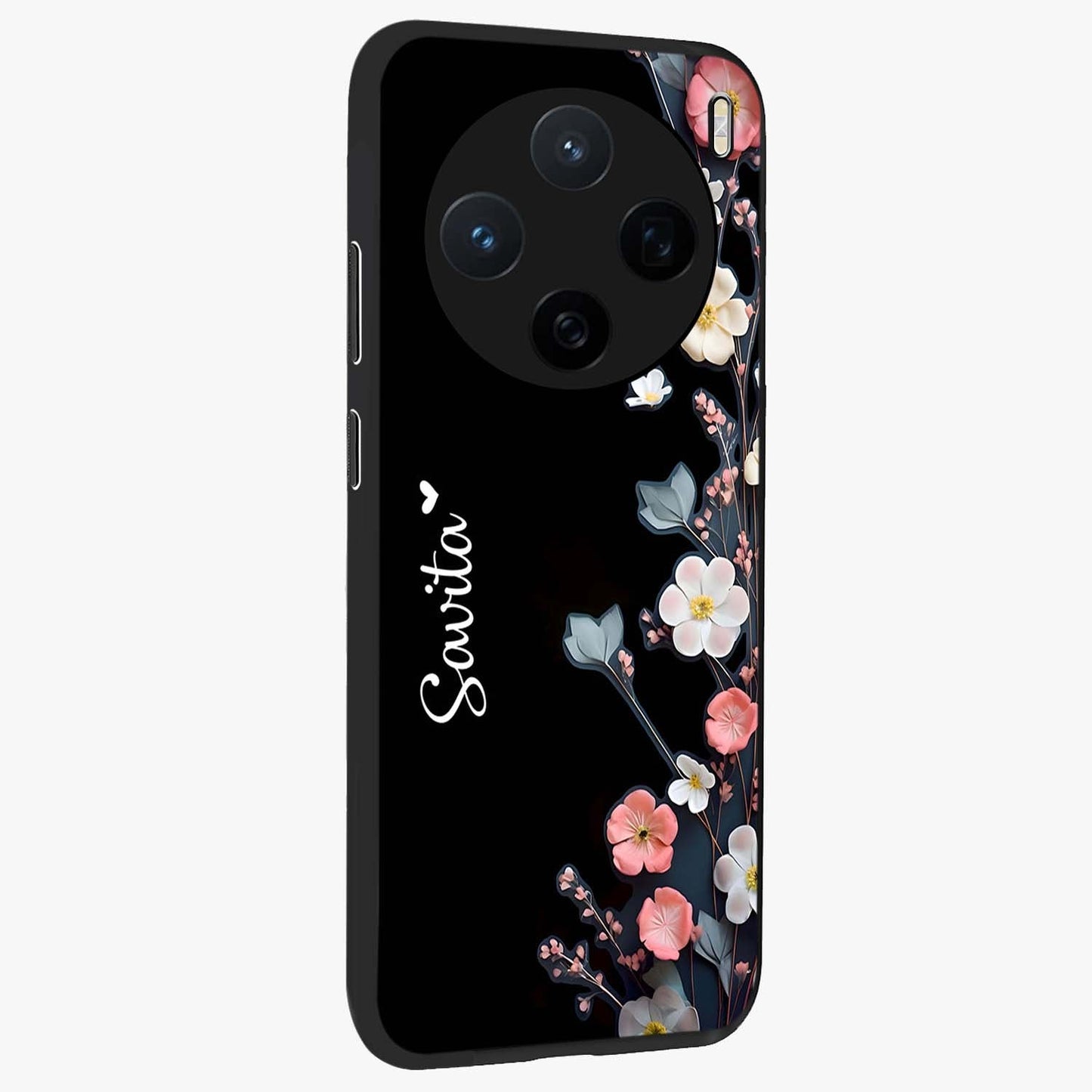 Black Elegance Floral Custom Name Glass Case upright view showcasing luxurious black floral design with personalized name detail.