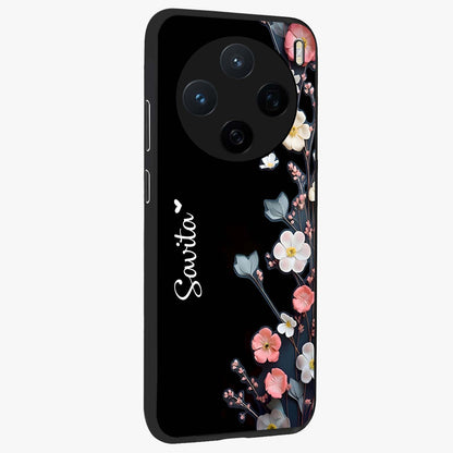 Black Elegance Floral Custom Name Glass Case upright view showcasing luxurious black floral design with personalized name detail.