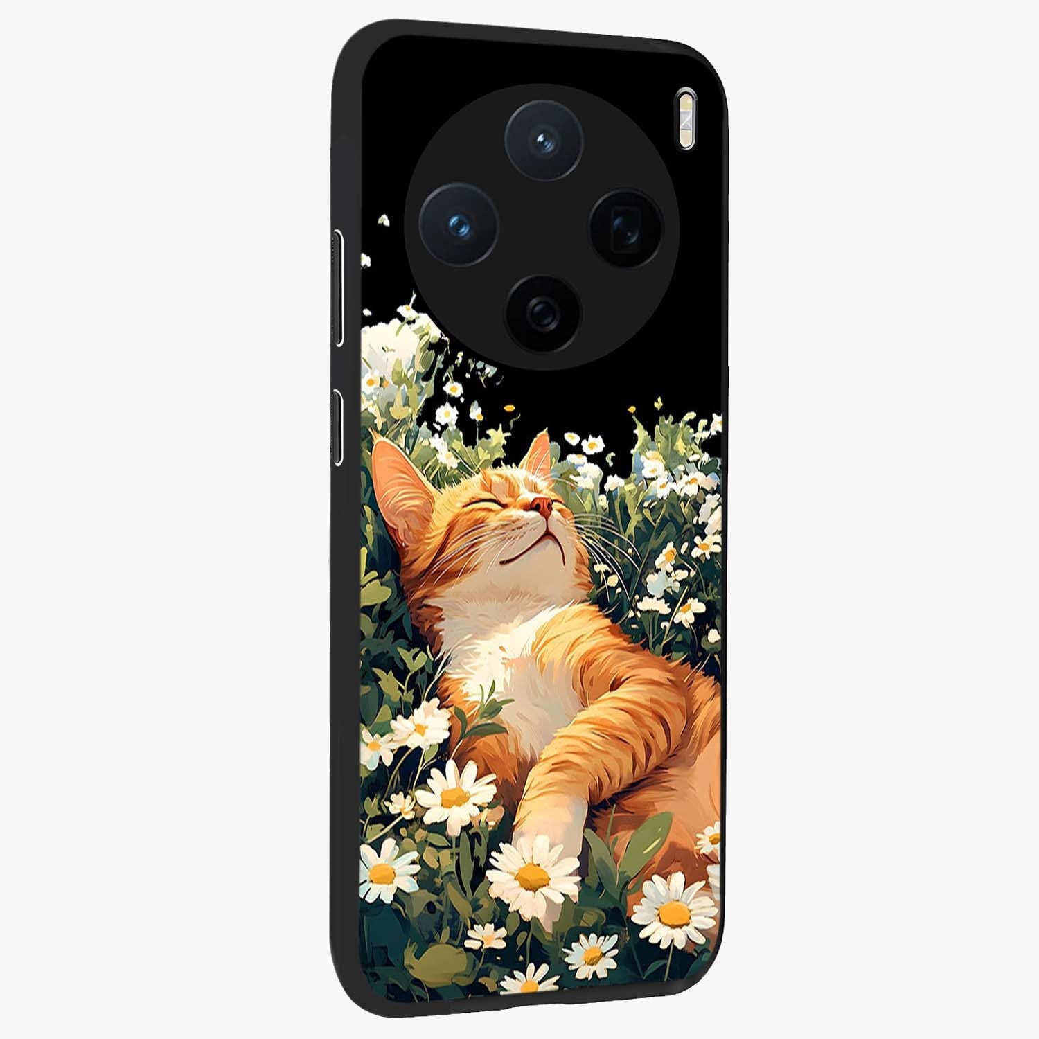 Blissful Bloom Cat Glass Case upright view showcasing charming cat design surrounded by blooming floral elements.