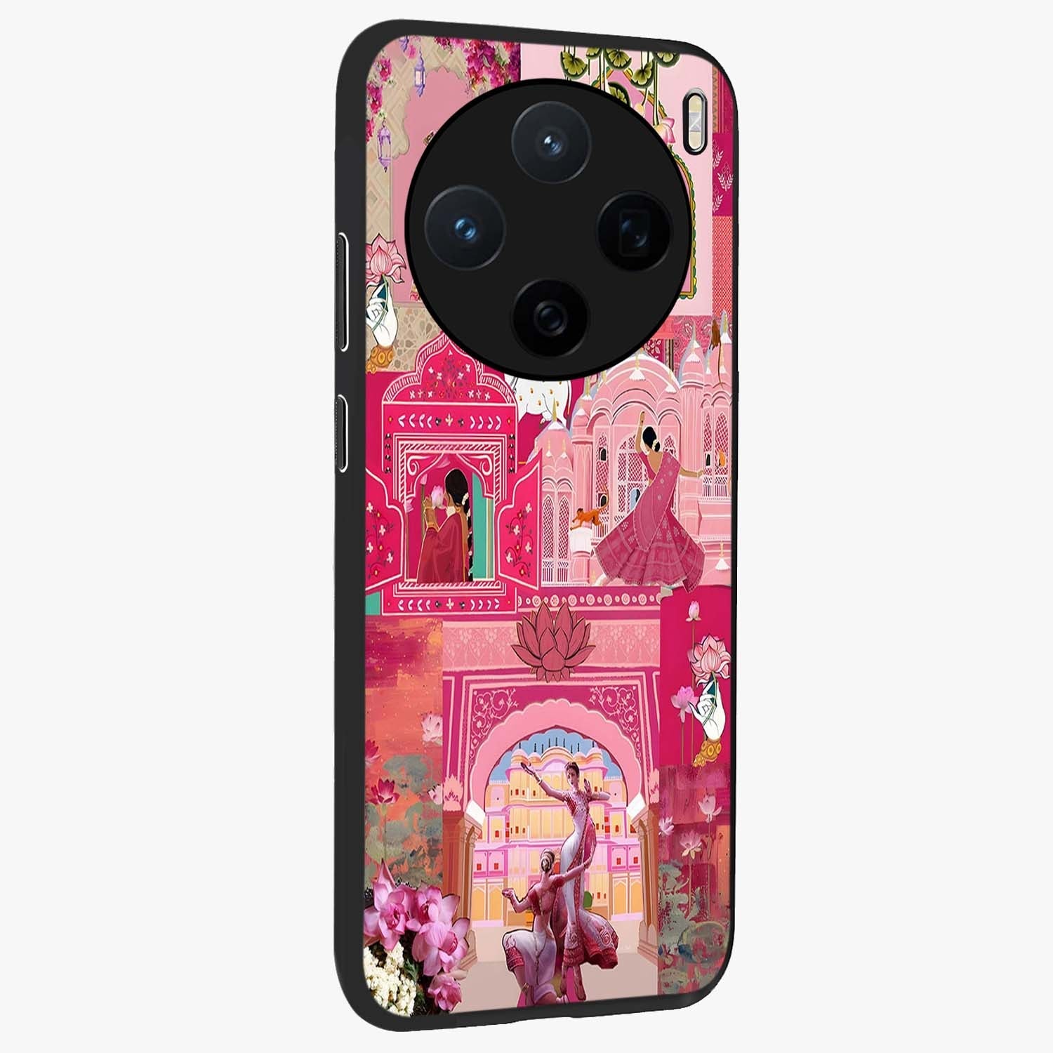 Blossoms of Rajasthan Glass Case upright view showcasing colorful floral design inspired by traditional Indian art.