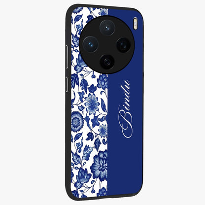 Blue Vintage Floral Pattern Glass Case upright view showcasing delicate blush floral texture with modern minimal style.