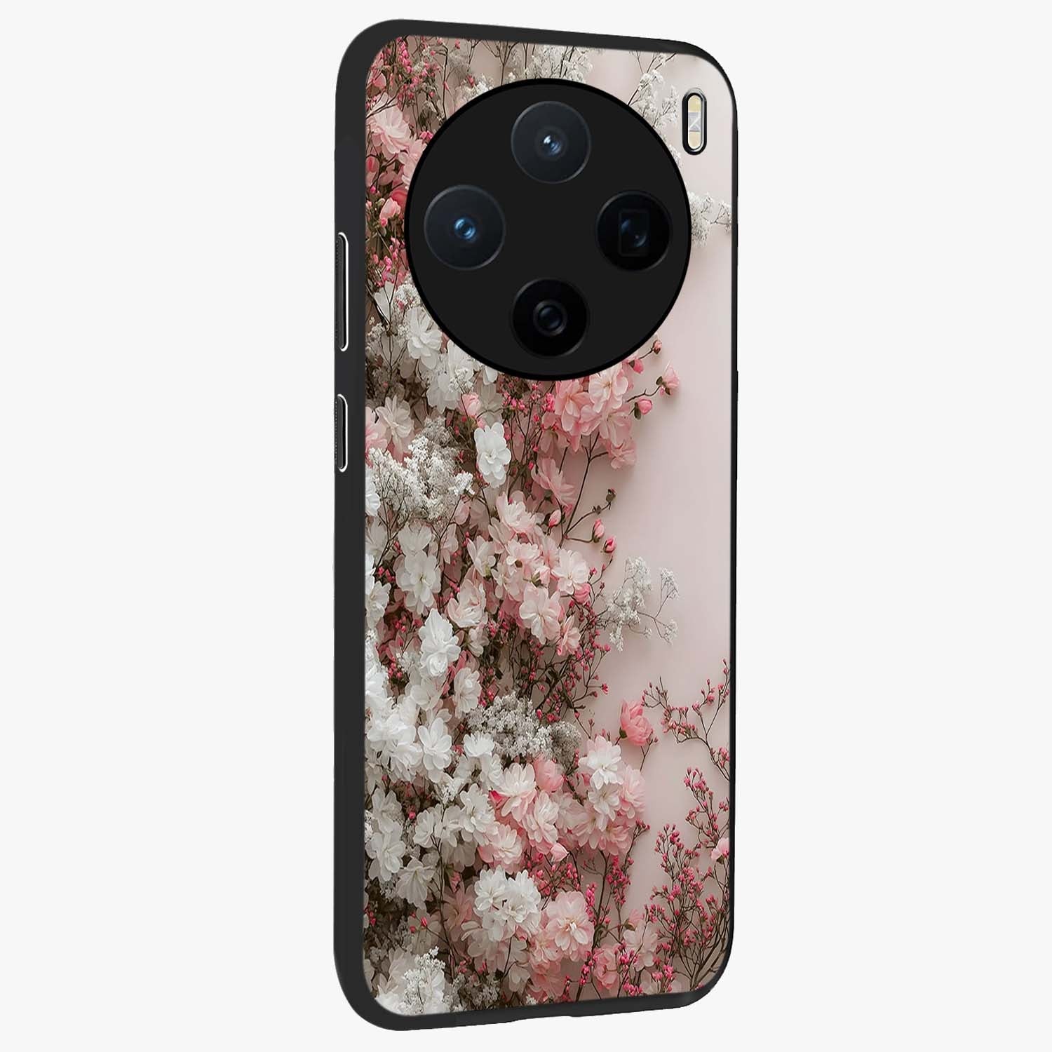 Blush Blossom Cloud Glass Case upright view showcasing calm floral cloud artwork with gentle dreamy theme.