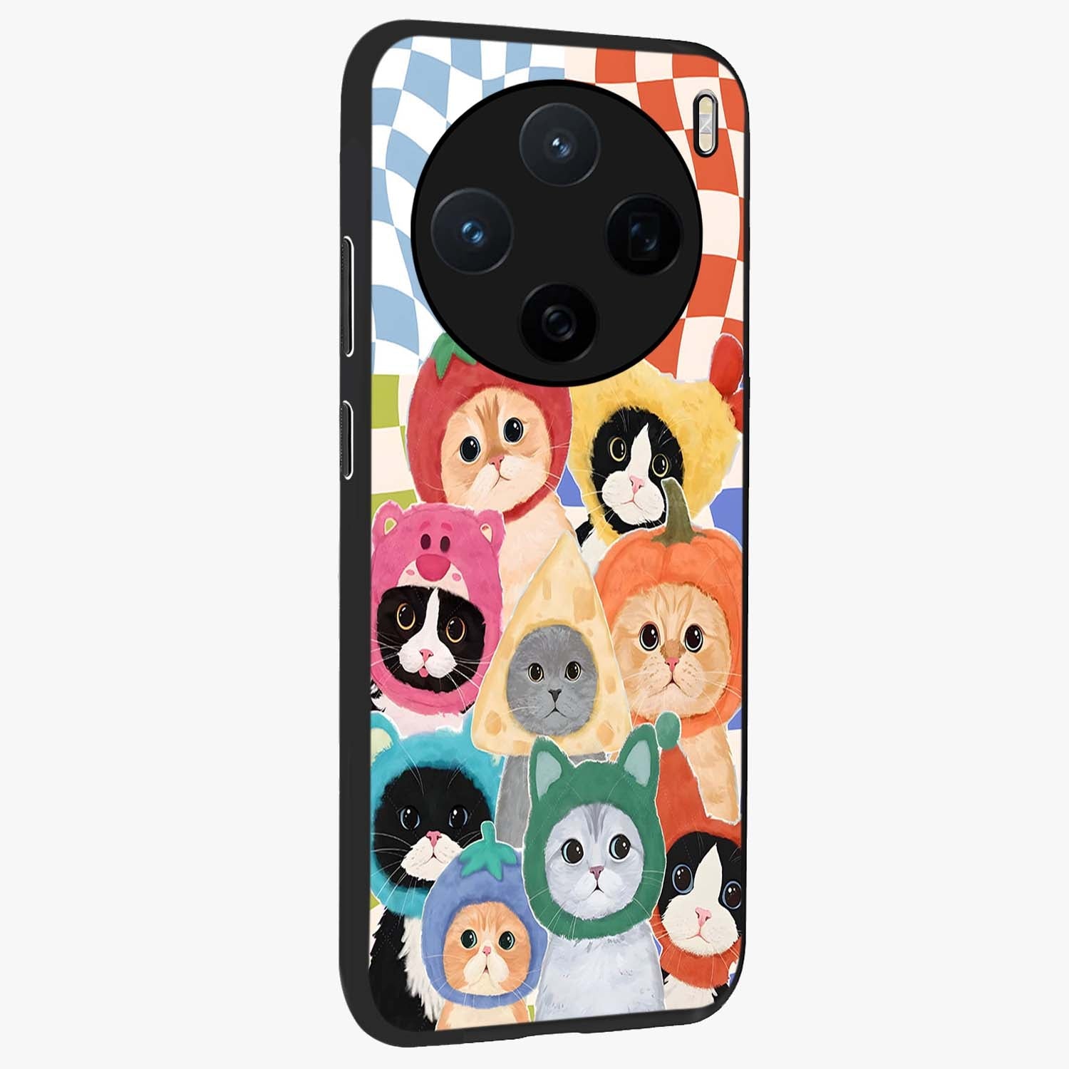 Cats in Fruits Glass Case upright view showcasing charming cat artwork with fun fruity theme.