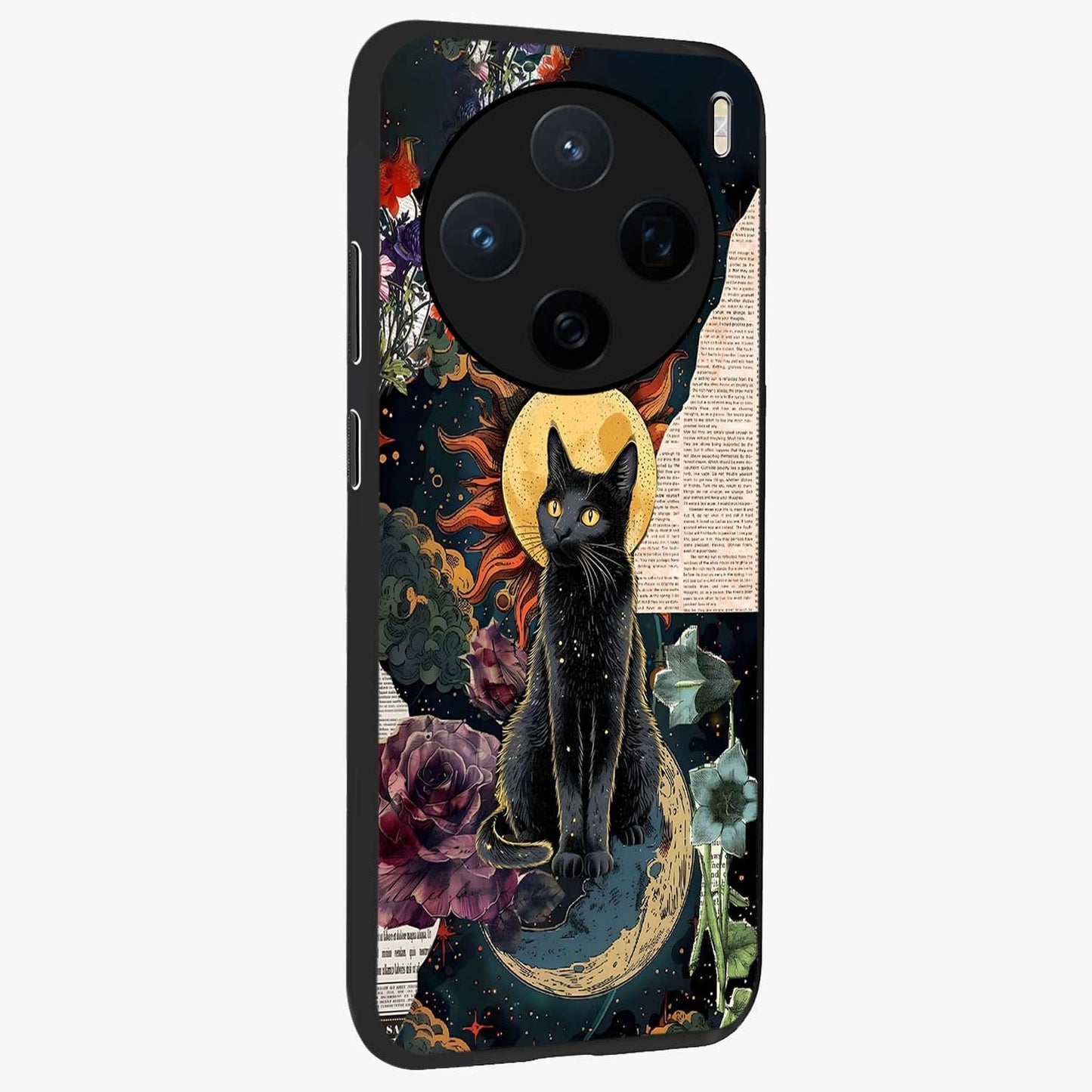 Celestial Black Cat Glass Case upright view showcasing magical black cat illustration with starry cosmic theme.