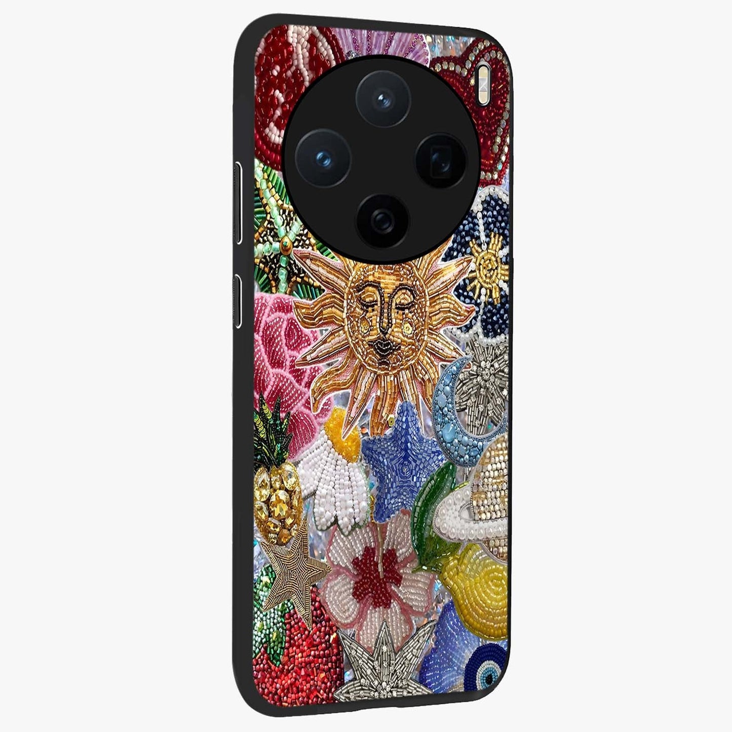 Celestial Floral and Playful Glass Case upright view showcasing whimsical floral artwork with cosmic aesthetic theme.