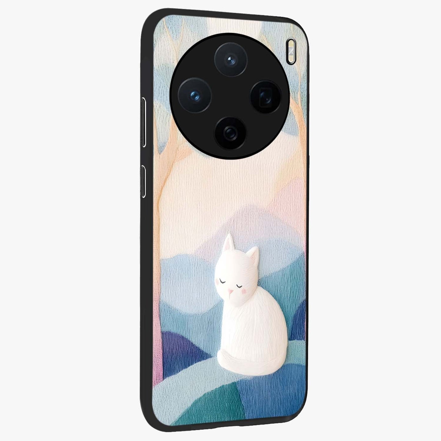 Cotton Dream Cat Glass Case upright view showcasing charming cat artwork with cozy dreamy theme.