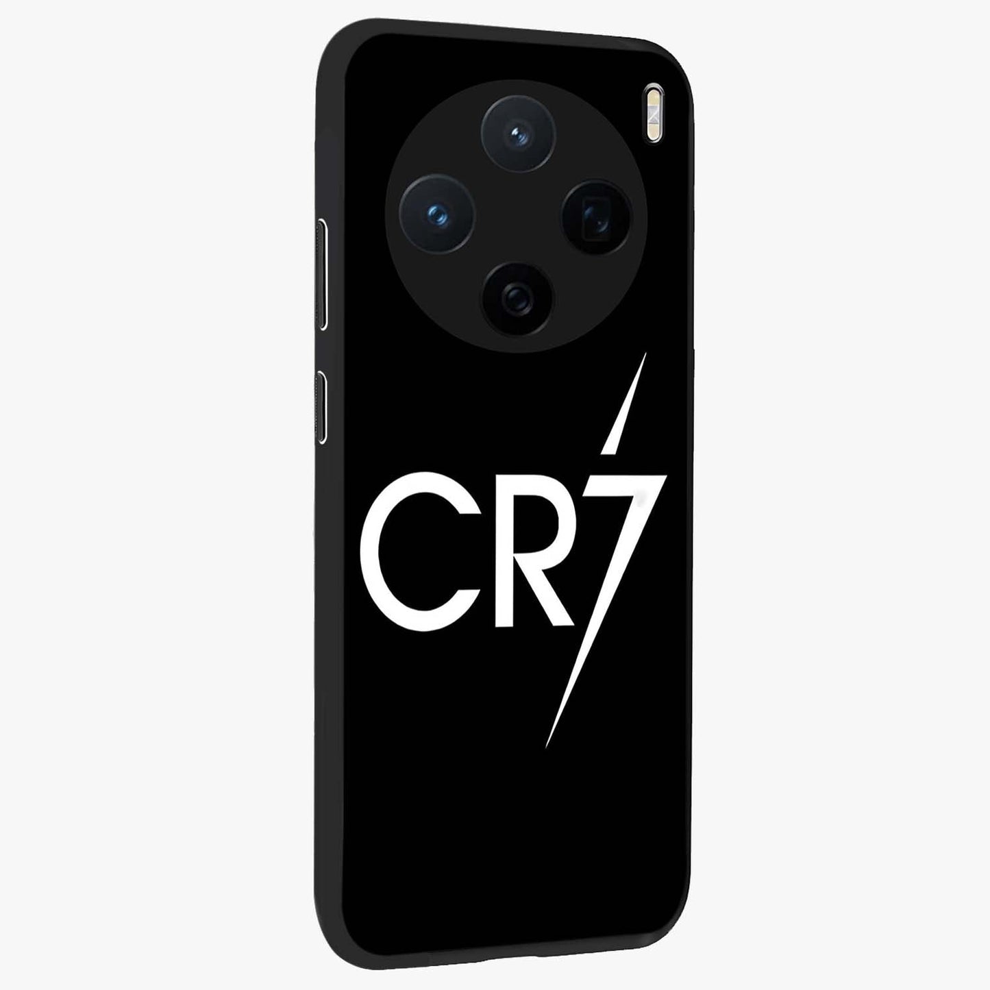 Cr7 Elite Strike Glass Case upright view showcasing energetic football inspired design with modern sports aesthetic.