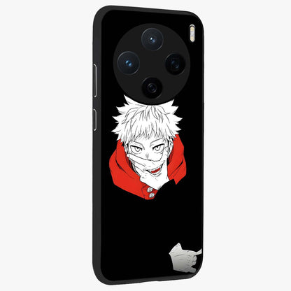 Crimson Chaos Smile Glass Case upright view showcasing expressive chaotic artwork with striking visual theme.