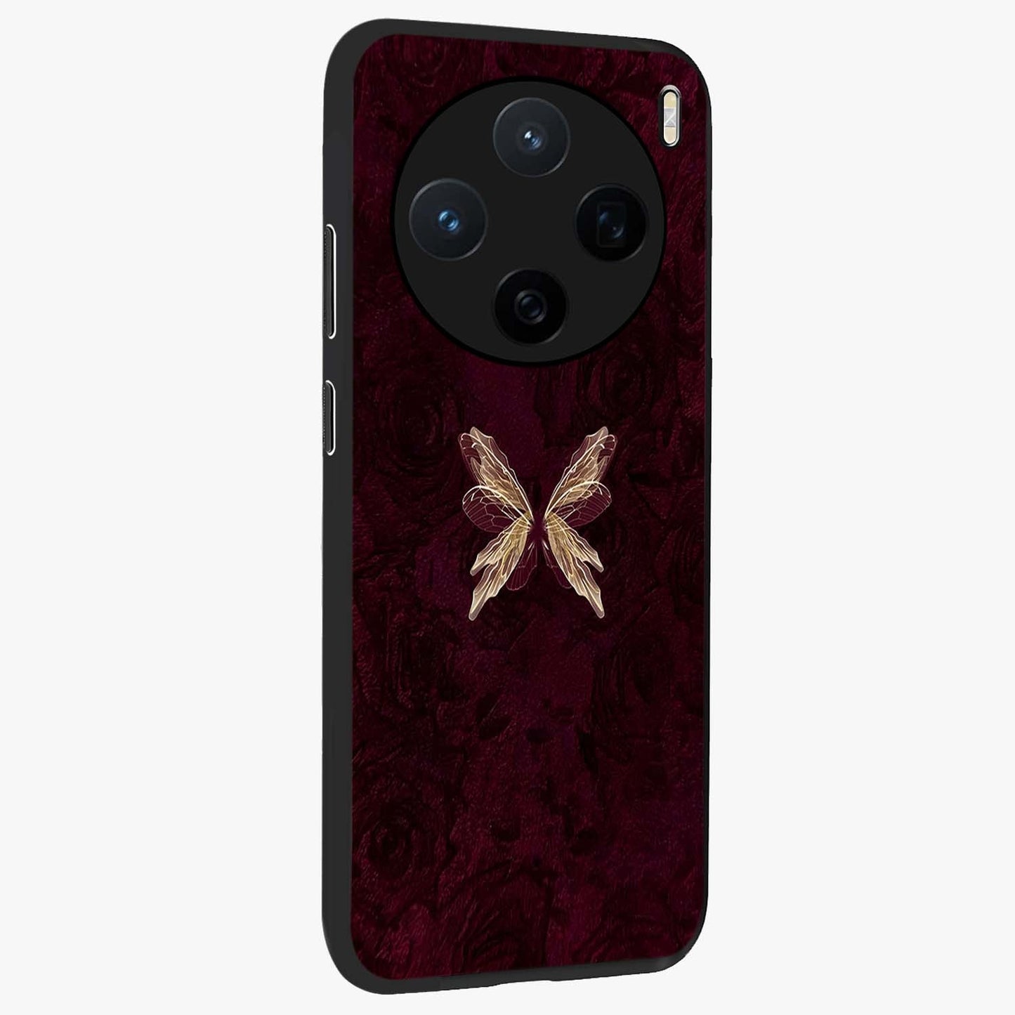 Crimson Fade Butterfly Glass Case upright view showcasing graceful butterfly artwork with soft crimson fade effect.