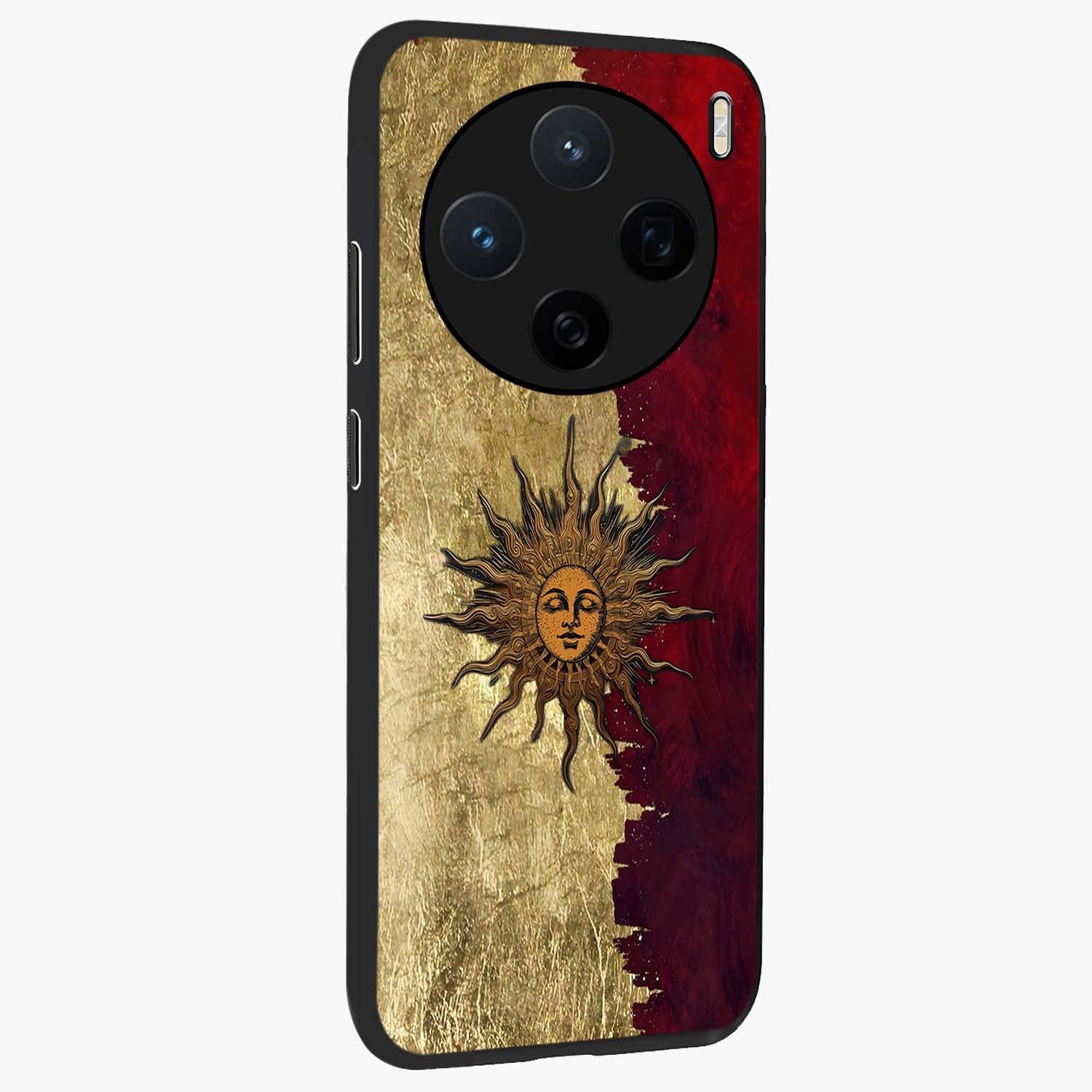 Crimson Sun Majesty Glass Case upright view showcasing vibrant sun artwork with powerful celestial theme.